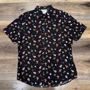 Denim & Flower Christmas Holiday Print Black Button Down Shirt Sz XL